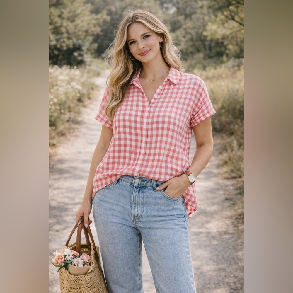 LOFT Pink White Plaid Collared Button-Up Blouse | Short Sleeve | XS - Picture 2 of 9